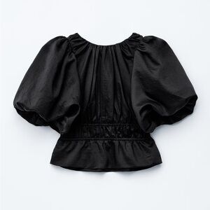 & Other Stories Black Peplum Frill Puff Sleeve Top